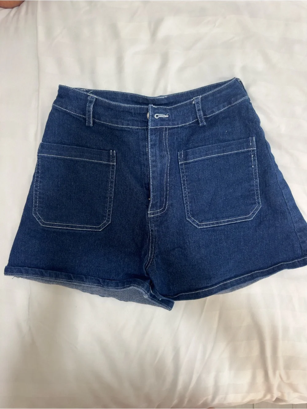 High-Waist Dark Blue Denim Shorts with Front Patch Pockets